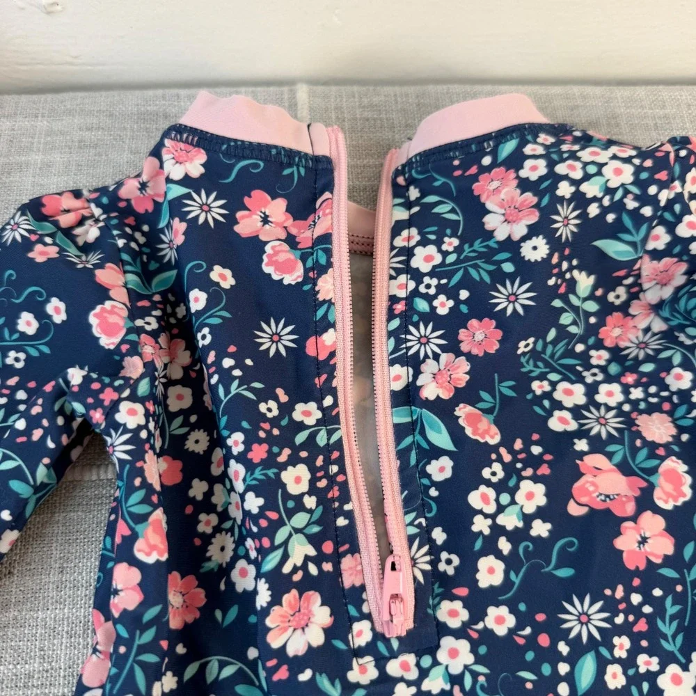Ruffle Butts Long Sleeve Swimsuit 6-12 Months Blue Floral With Hat‎